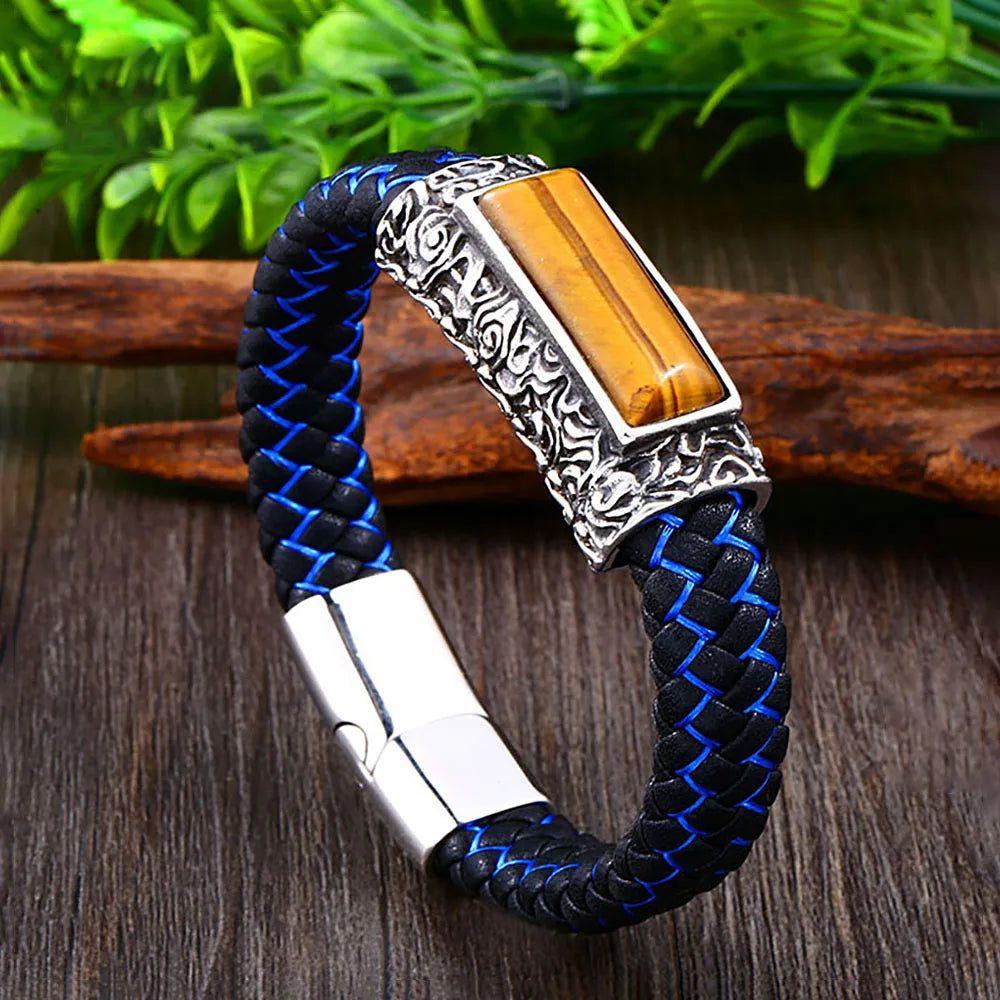 Men's Punk Style Stainless Steel & Leather Stone Embedded Vintage Bracelet