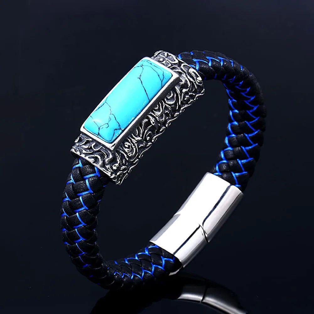 Men's Punk Style Stainless Steel & Leather Stone Embedded Vintage Bracelet