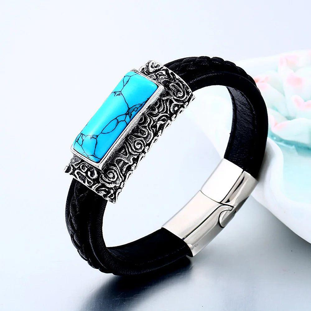 Men's Punk Style Stainless Steel & Leather Stone Embedded Vintage Bracelet