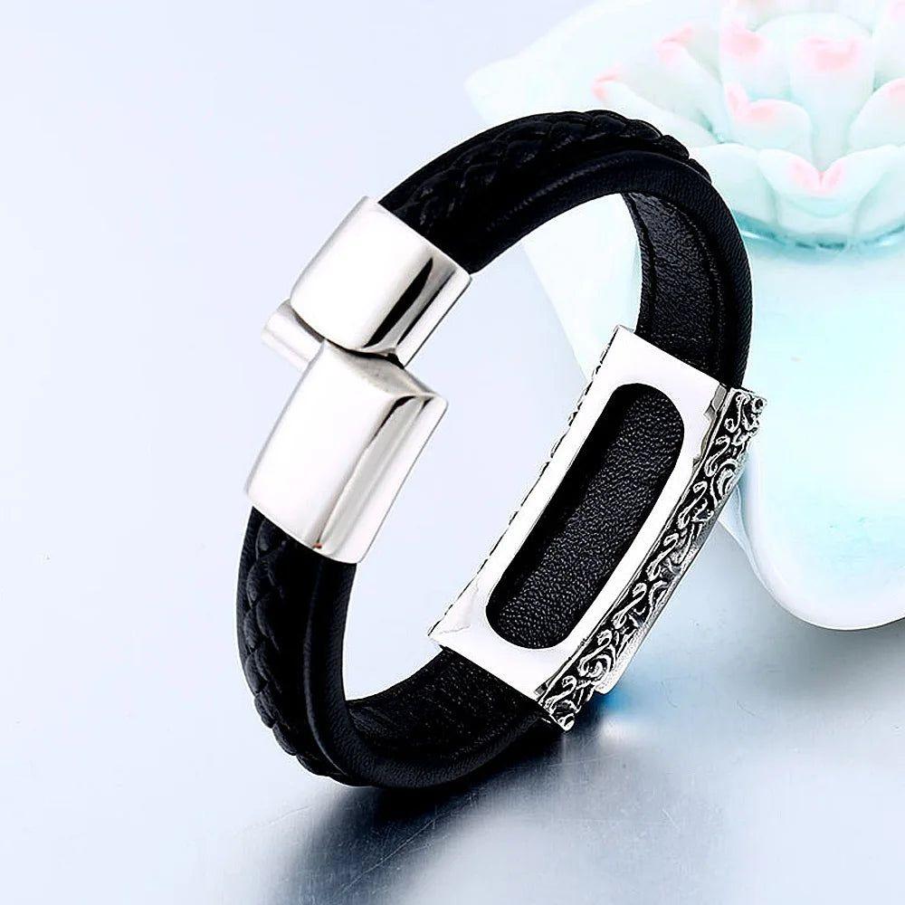 Men's Punk Style Stainless Steel & Leather Stone Embedded Vintage Bracelet