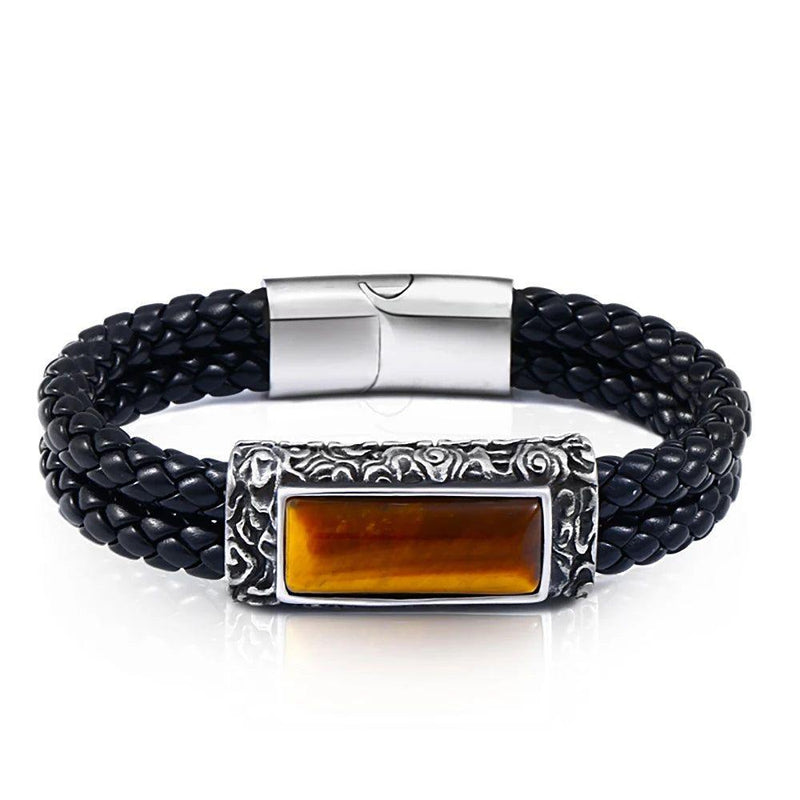 Men's Punk Style Stainless Steel & Leather Stone Embedded Vintage Bracelet