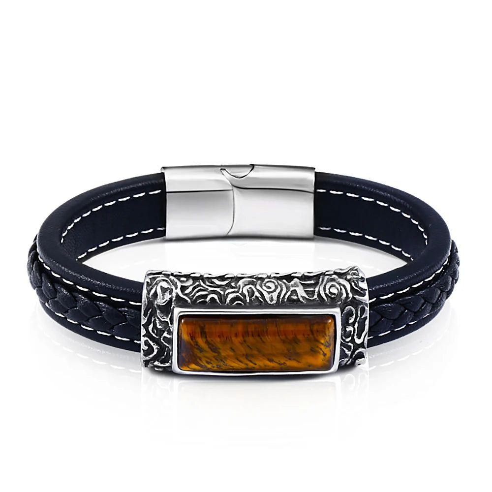 Men's Punk Style Stainless Steel & Leather Stone Embedded Vintage Bracelet