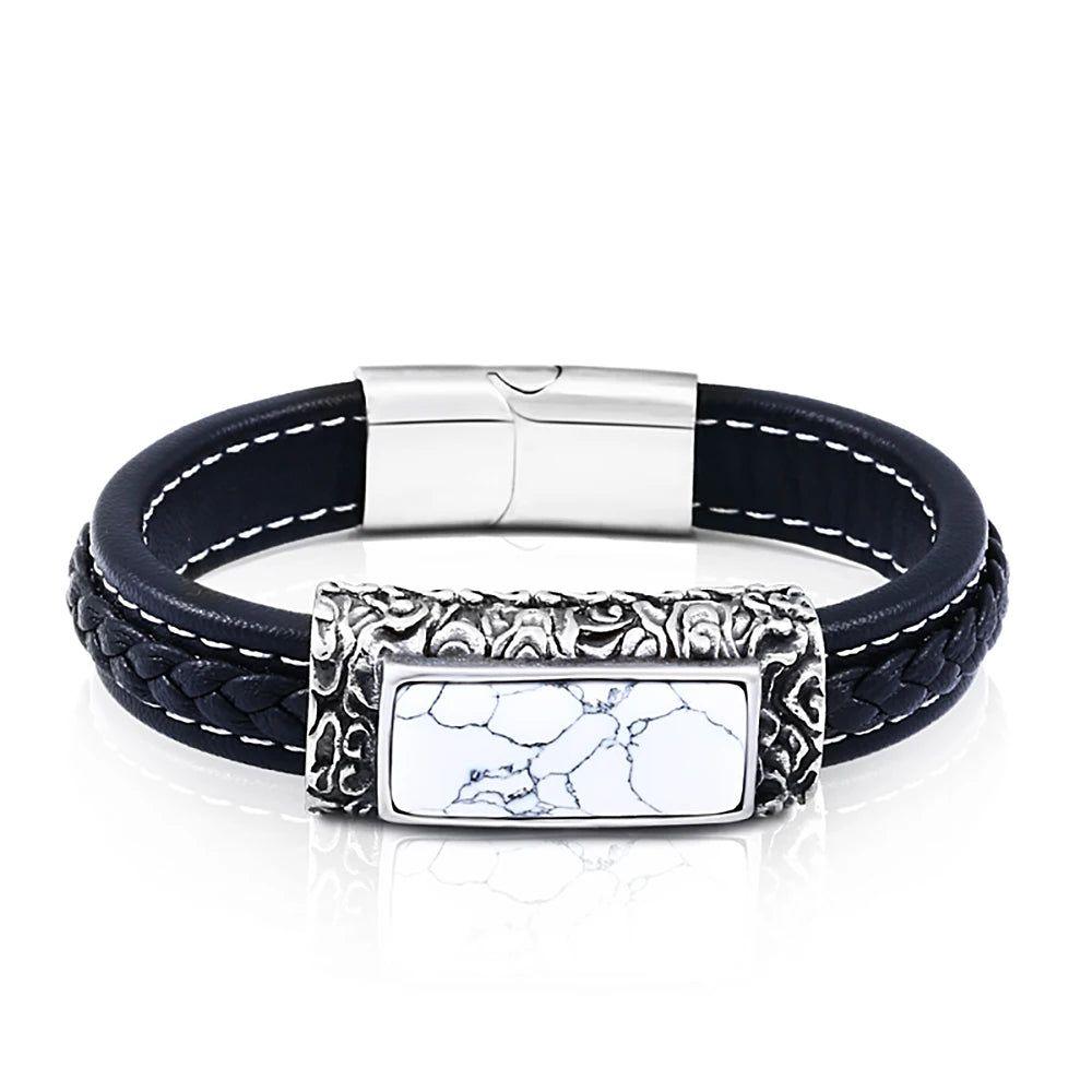 Men's Punk Style Stainless Steel & Leather Stone Embedded Vintage Bracelet