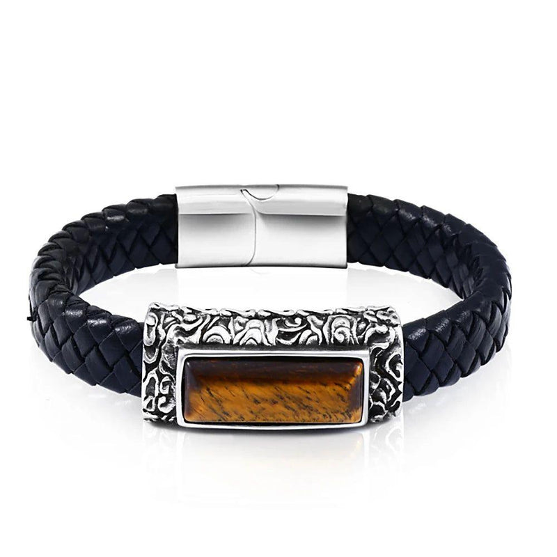 Men's Punk Style Stainless Steel & Leather Stone Embedded Vintage Bracelet