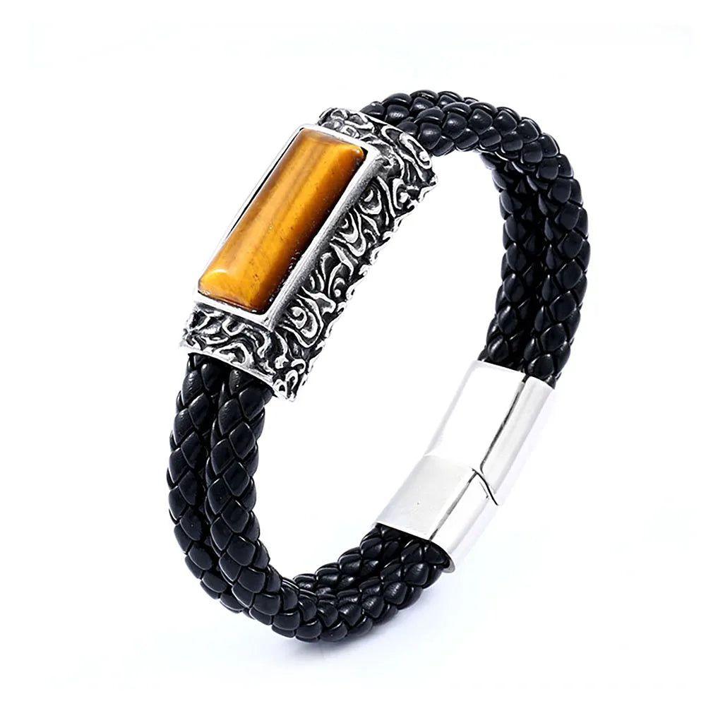 Men's Punk Style Stainless Steel & Leather Stone Embedded Vintage Bracelet