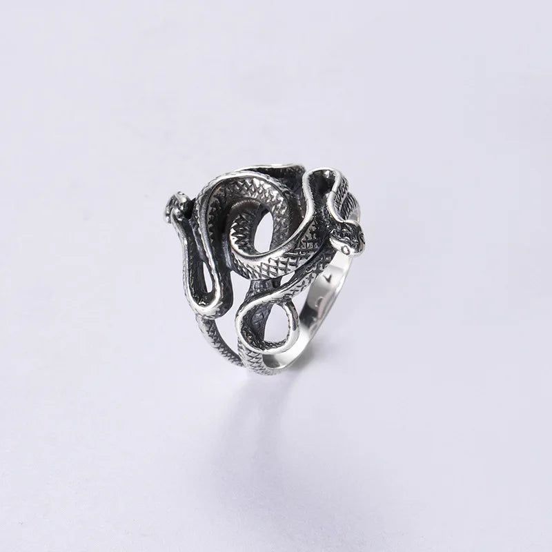 Men's Snake Ring 925 Sterling Silver Double Snake Head Rings