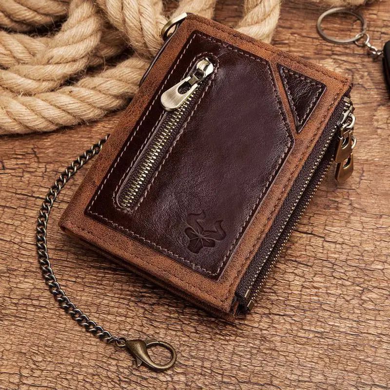 Men's Vintage Cowhide RFID Blocking Leather Wallet with Double Zipper and Coin Purse