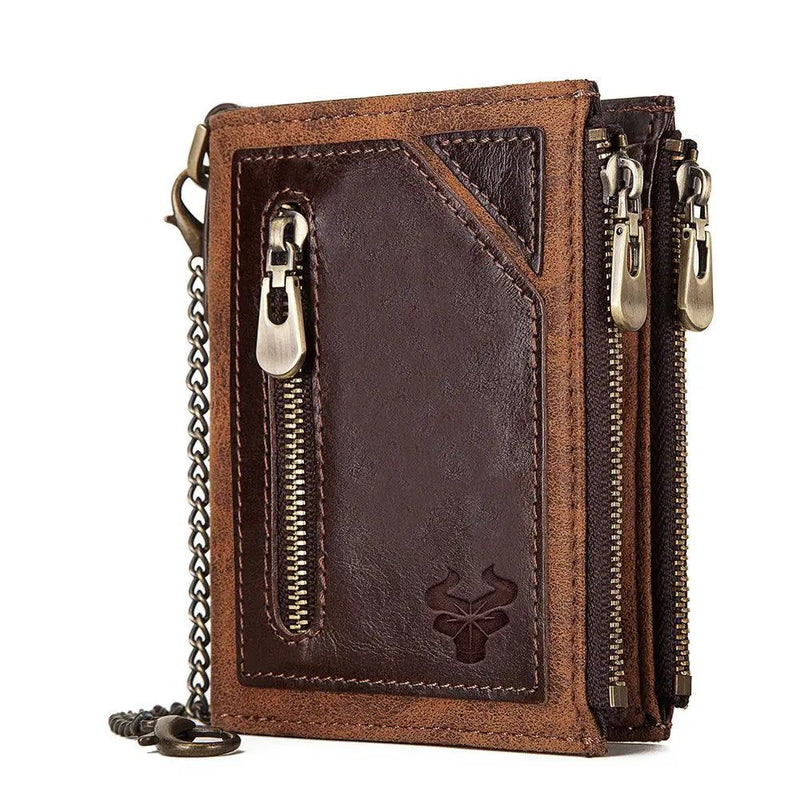 Men's Vintage Cowhide RFID Blocking Leather Wallet with Double Zipper and Coin Purse