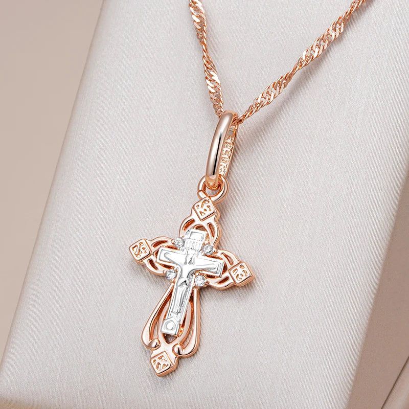 Men's Vintage-Inspired Orthodox Church Cross Pendant Necklace in 585 Rose Gold and Silver