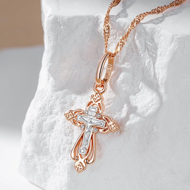 Men's Vintage-Inspired Orthodox Church Cross Pendant Necklace in 585 Rose Gold and Silver