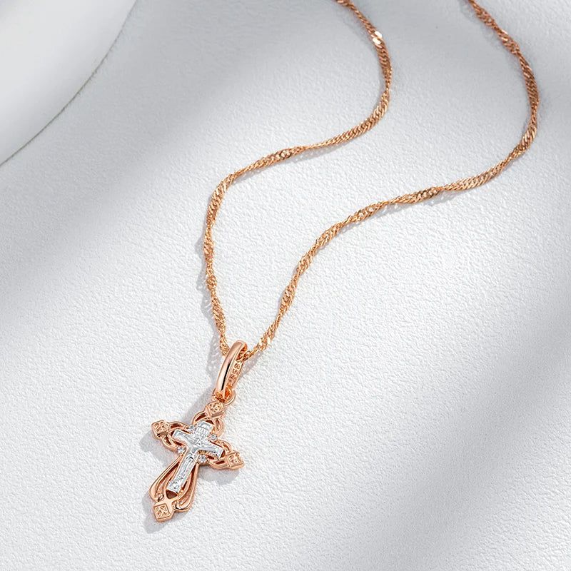 Men's Vintage-Inspired Orthodox Church Cross Pendant Necklace in 585 Rose Gold and Silver