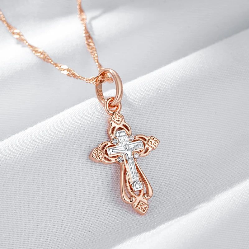 Men's Vintage-Inspired Orthodox Church Cross Pendant Necklace in 585 Rose Gold and Silver