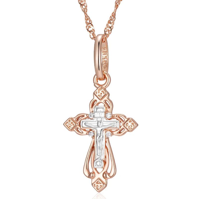 Men's Vintage-Inspired Orthodox Church Cross Pendant Necklace in 585 Rose Gold and Silver