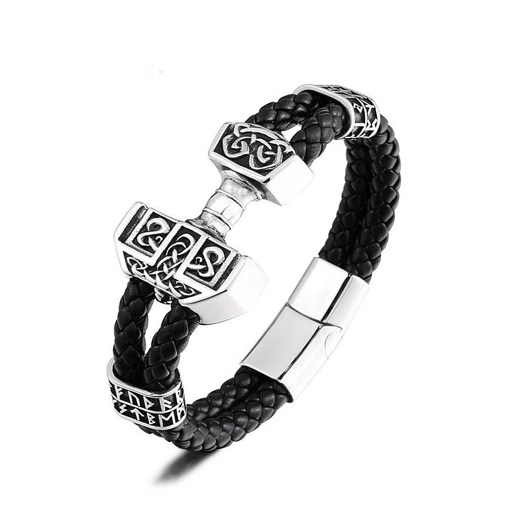 Men's Vintage Thor's Hammer Viking Rune Cuff Bracelet - Stainless Steel Fashion Jewelry