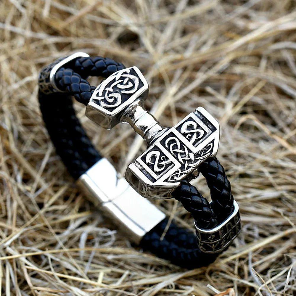 Men's Vintage Thor's Hammer Viking Rune Cuff Bracelet - Stainless Steel Fashion Jewelry