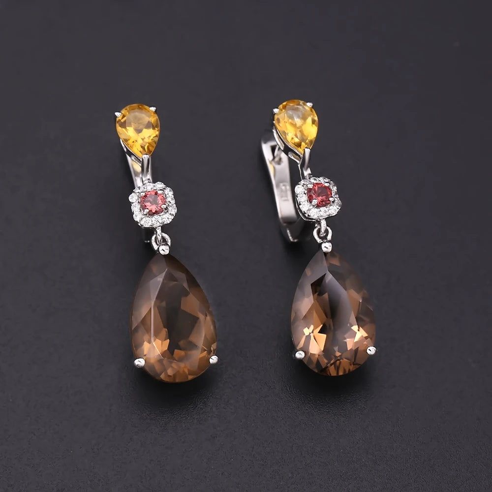 MixGemstones Natural Smoky Quartz Citrine Garnet Earrings 925 Sterling Silver