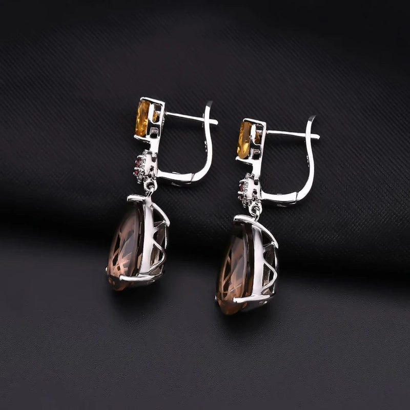 MixGemstones Natural Smoky Quartz Citrine Garnet Earrings 925 Sterling Silver