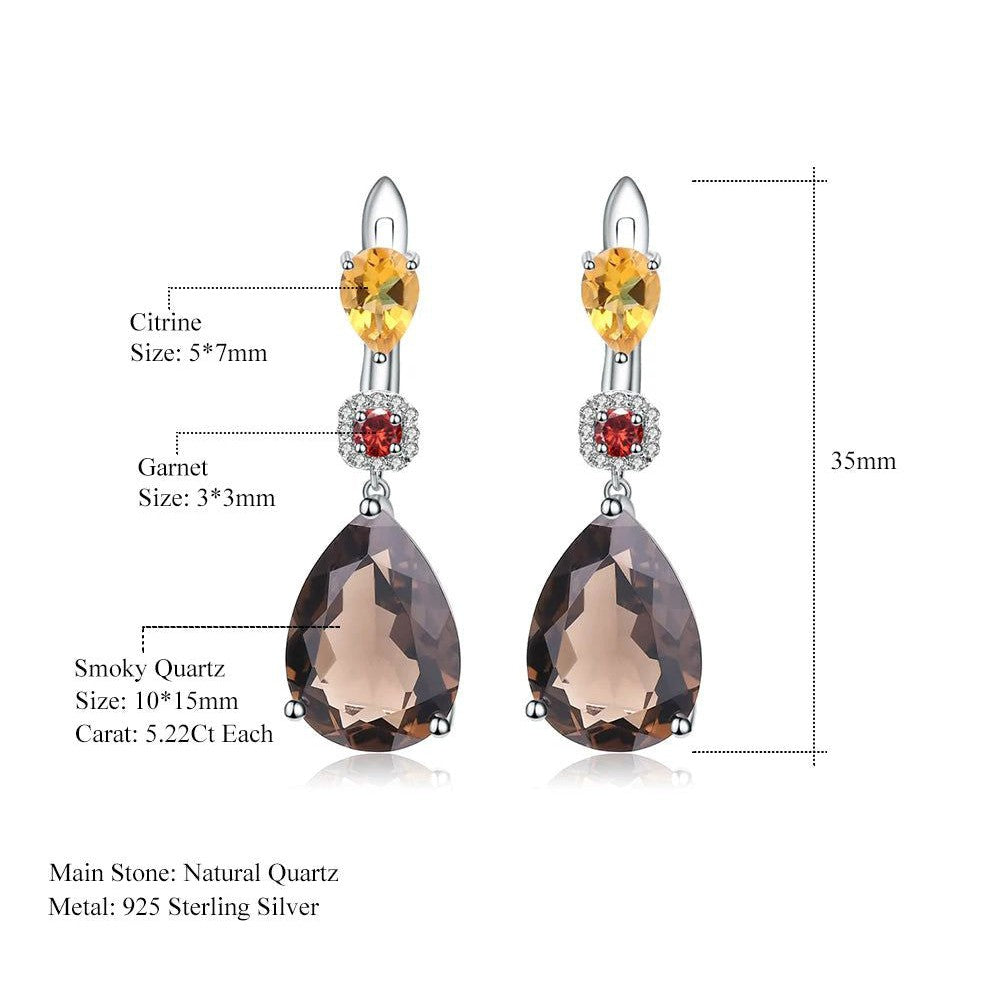 MixGemstones Natural Smoky Quartz Citrine Garnet Earrings 925 Sterling Silver