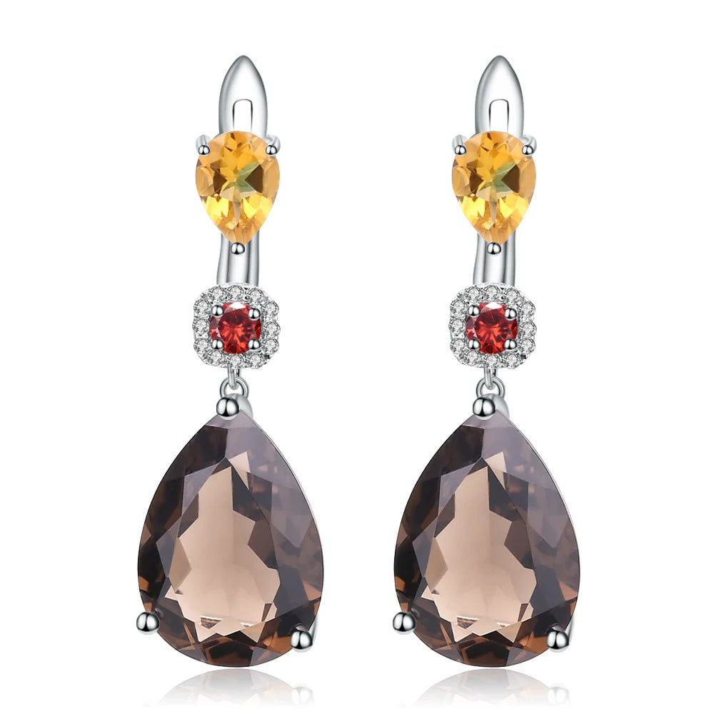 MixGemstones Natural Smoky Quartz Citrine Garnet Earrings 925 Sterling Silver