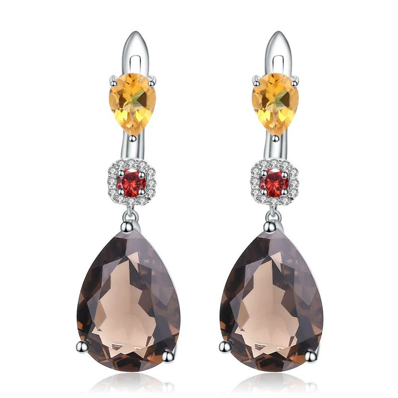 MixGemstones Natural Smoky Quartz Citrine Garnet Earrings 925 Sterling Silver