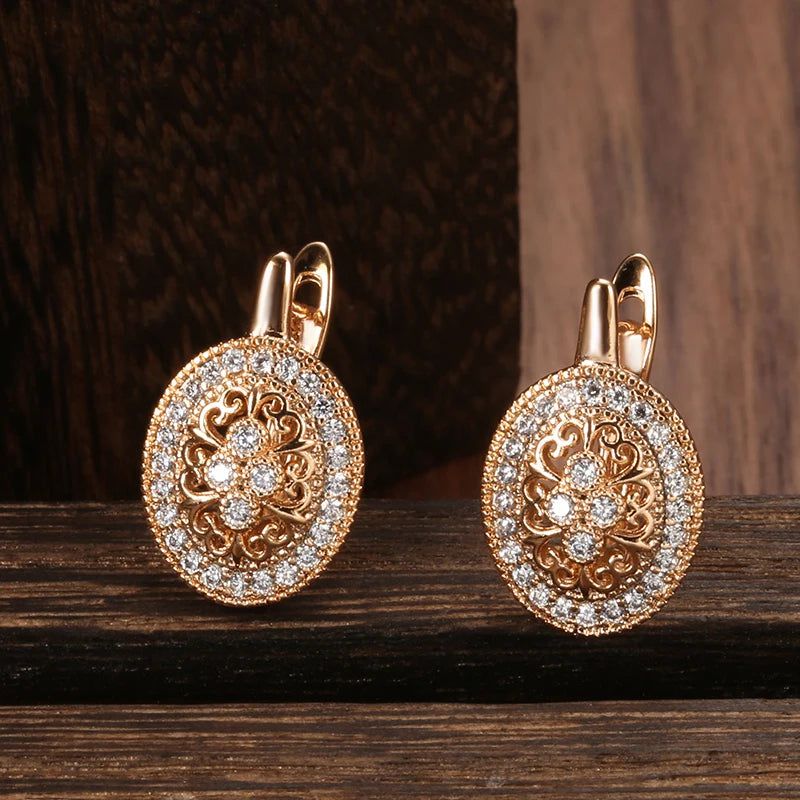 Modern Rose Gold Hollow Flower Stud Earrings with Natural Zircon