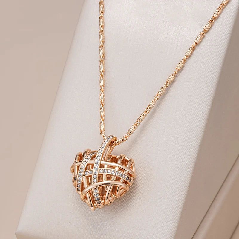 Modern Rose Gold Hollow Heart Pendant Necklace with Natural Zircon