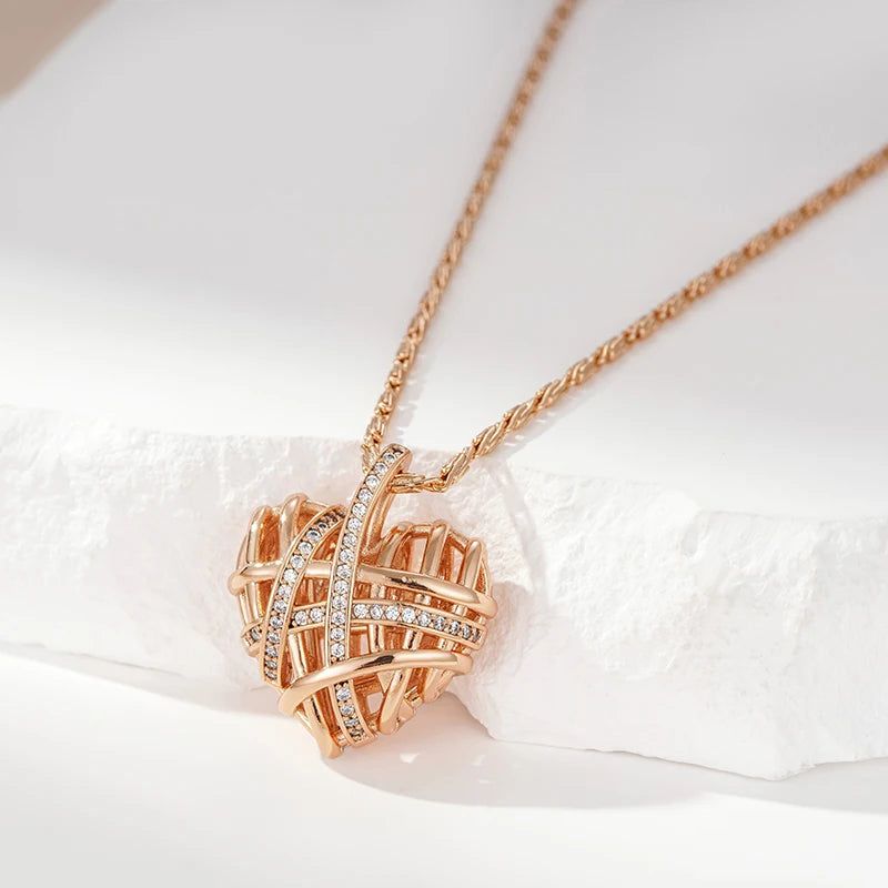 Modern Rose Gold Hollow Heart Pendant Necklace with Natural Zircon