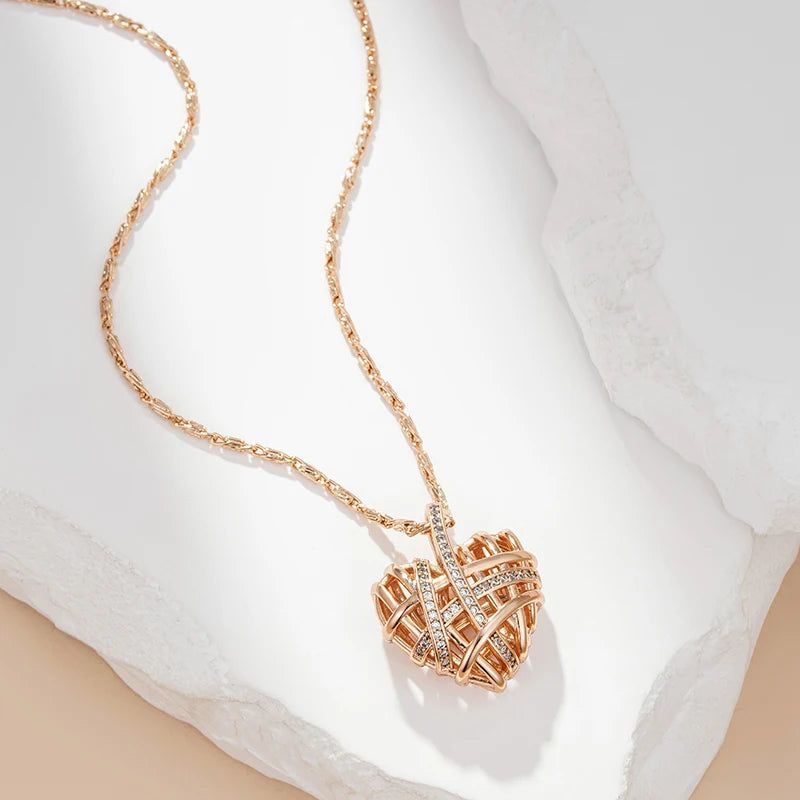 Modern Rose Gold Hollow Heart Pendant Necklace with Natural Zircon