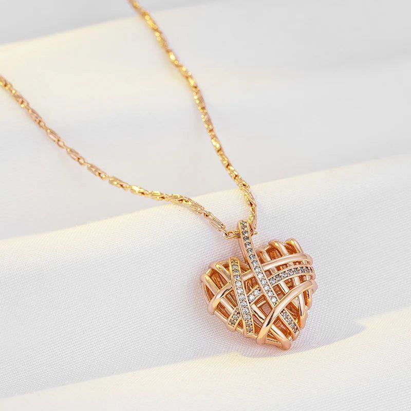 Modern Rose Gold Hollow Heart Pendant Necklace with Natural Zircon