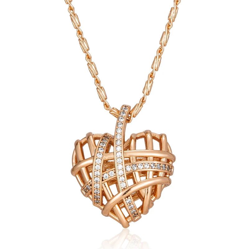 Modern Rose Gold Hollow Heart Pendant Necklace with Natural Zircon