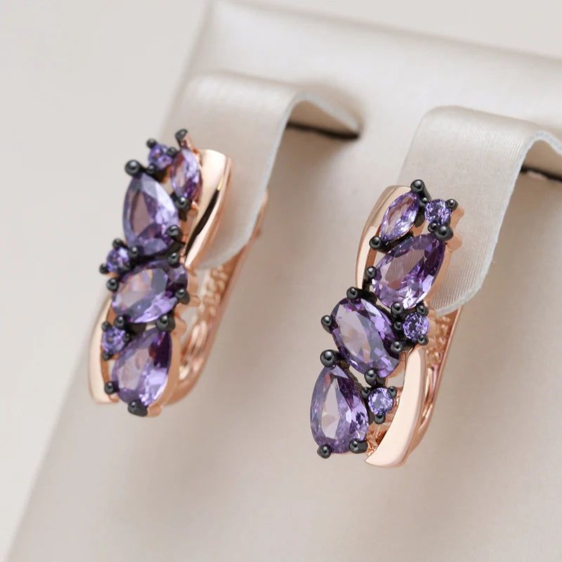 Modern Vintage Drop Earrings with Purple Natural Zircon in 585 Rose Gold and Black Plating