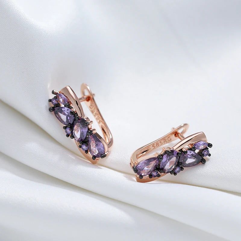 Modern Vintage Drop Earrings with Purple Natural Zircon in 585 Rose Gold and Black Plating