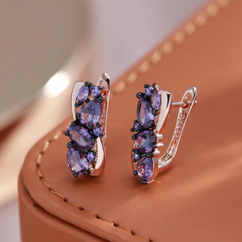 Modern Vintage Drop Earrings with Purple Natural Zircon in 585 Rose Gold and Black Plating