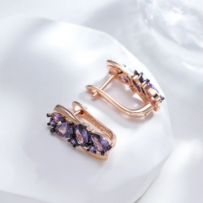 Modern Vintage Drop Earrings with Purple Natural Zircon in 585 Rose Gold and Black Plating