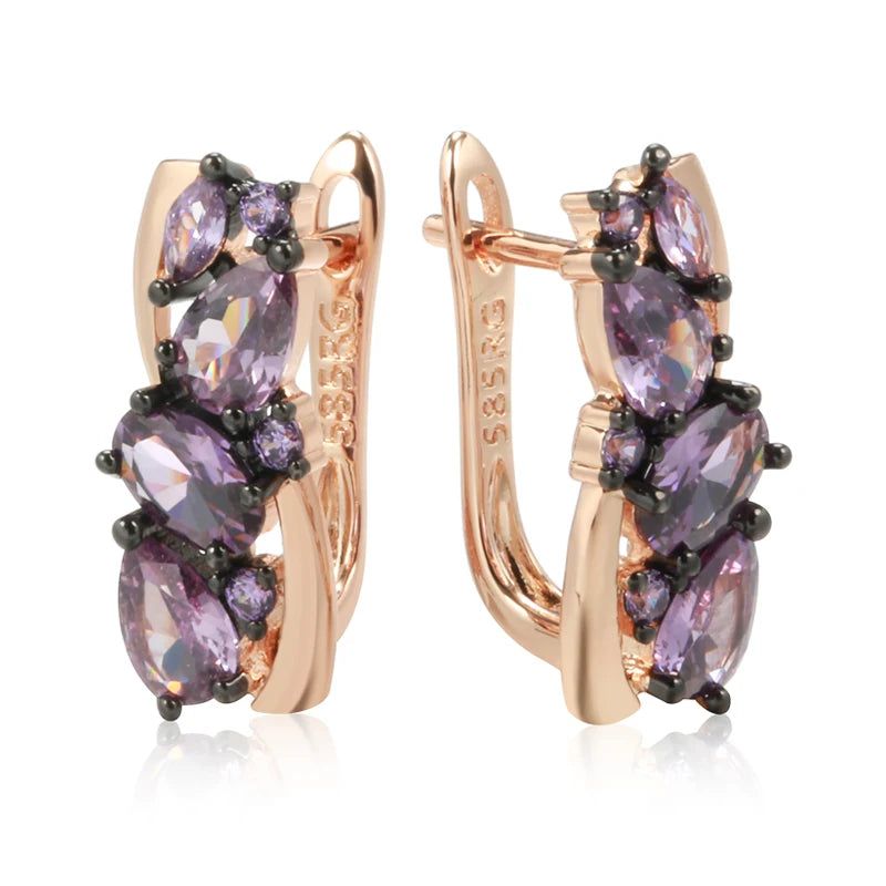 Modern Vintage Drop Earrings with Purple Natural Zircon in 585 Rose Gold and Black Plating