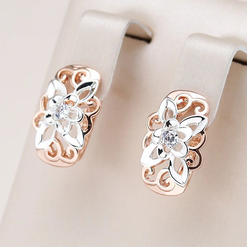 Modern Vintage Flower Drop Earrings with Natural Zircon in Rose Gold Finish