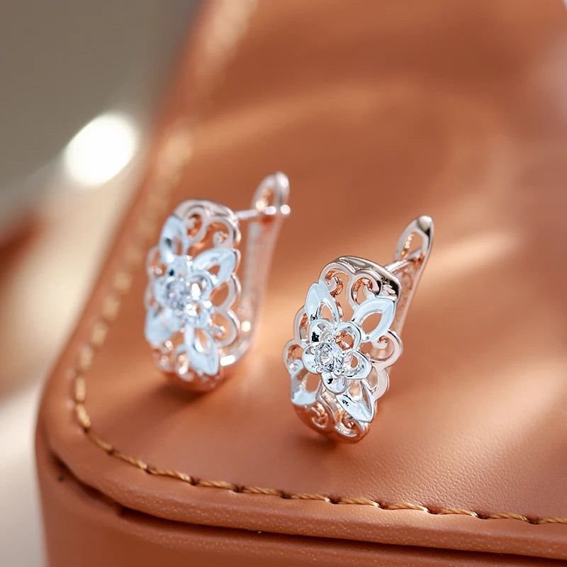 Modern Vintage Flower Drop Earrings with Natural Zircon in Rose Gold Finish