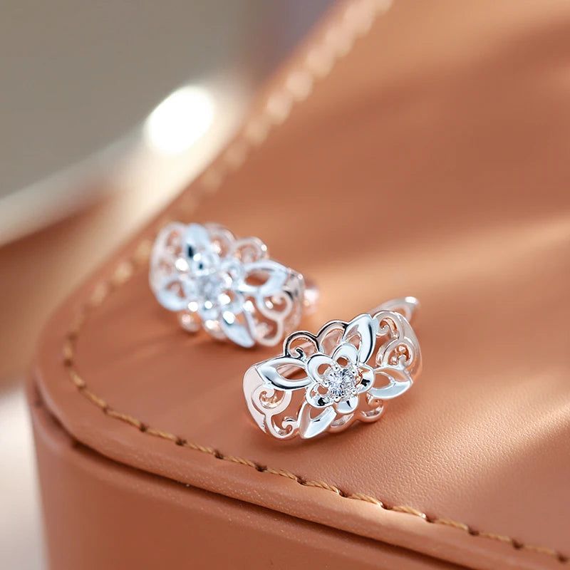 Modern Vintage Flower Drop Earrings with Natural Zircon in Rose Gold Finish