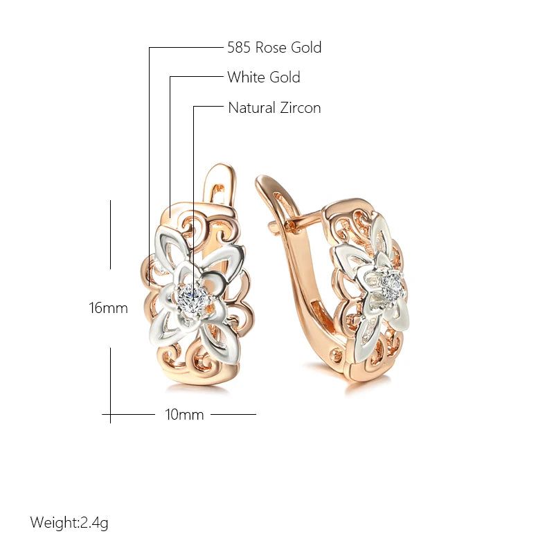 Modern Vintage Flower Drop Earrings with Natural Zircon in Rose Gold Finish