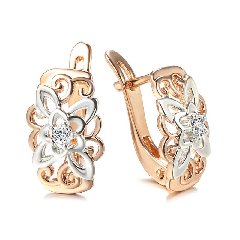 Modern Vintage Flower Drop Earrings with Natural Zircon in Rose Gold Finish