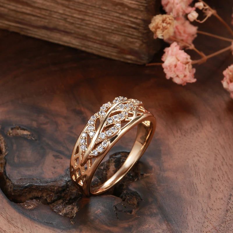 Modern Vintage Geometric Rose Gold Leaf Ring with Natural Zircon