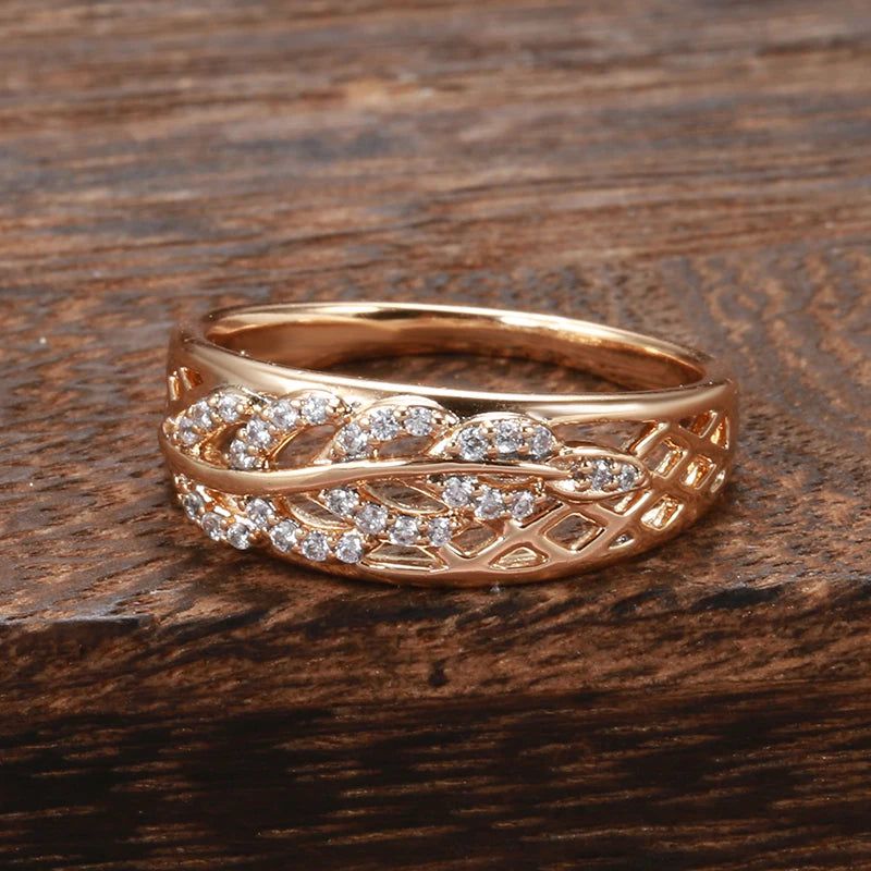 Modern Vintage Geometric Rose Gold Leaf Ring with Natural Zircon