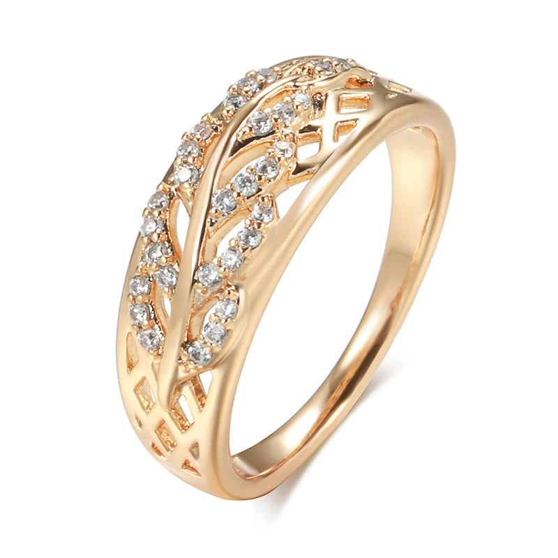 Modern Vintage Geometric Rose Gold Leaf Ring with Natural Zircon