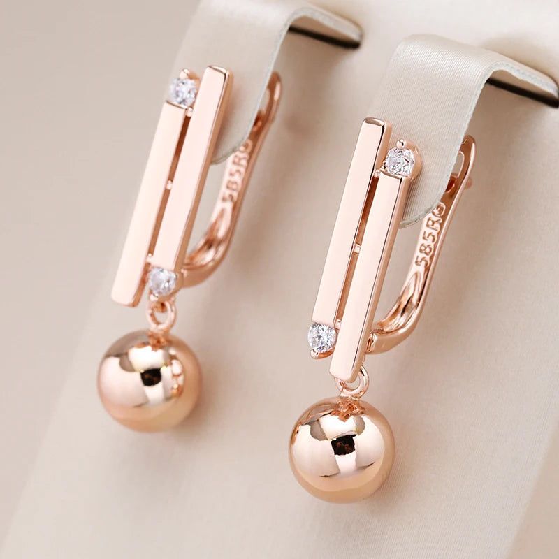 Modern Vintage Glossy Long Drop Earrings with Natural Zircon in 585 Rose Gold