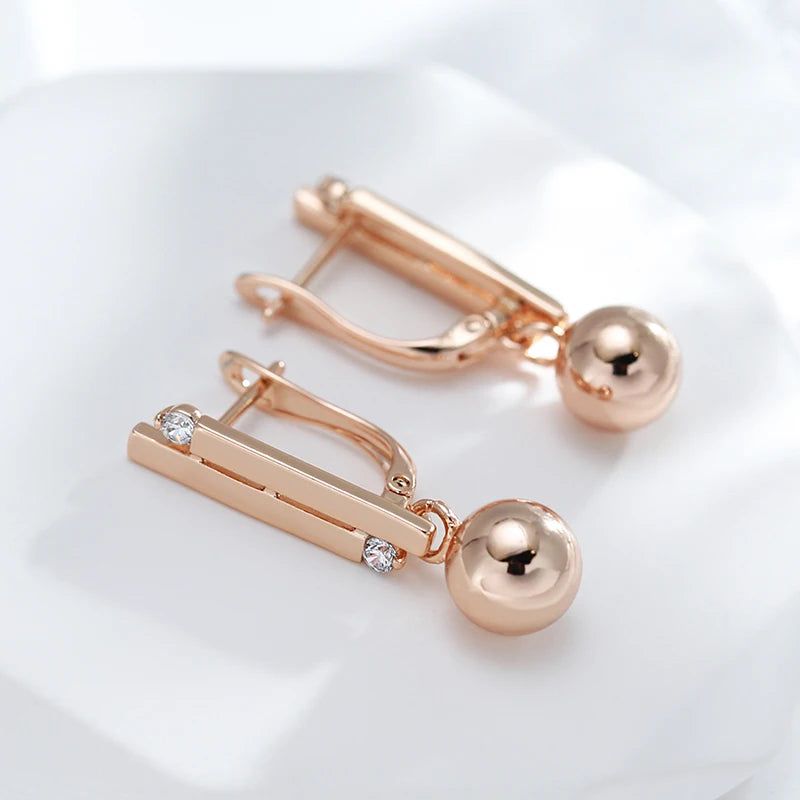 Modern Vintage Glossy Long Drop Earrings with Natural Zircon in 585 Rose Gold