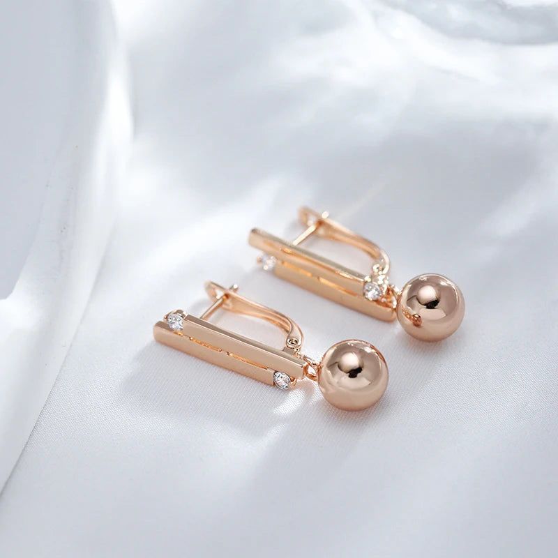 Modern Vintage Glossy Long Drop Earrings with Natural Zircon in 585 Rose Gold