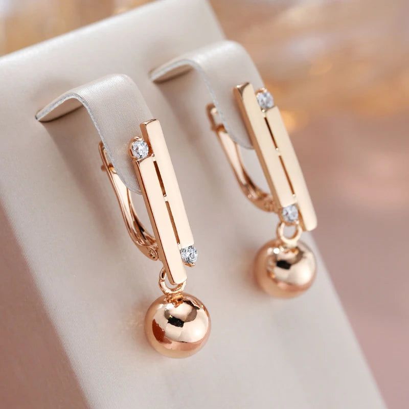 Modern Vintage Glossy Long Drop Earrings with Natural Zircon in 585 Rose Gold