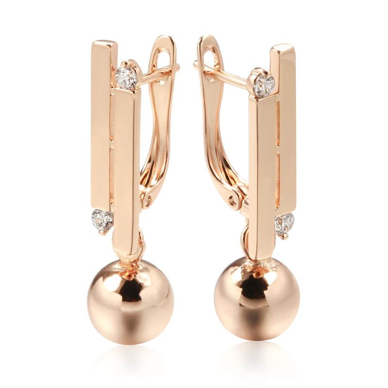 Modern Vintage Glossy Long Drop Earrings with Natural Zircon in 585 Rose Gold