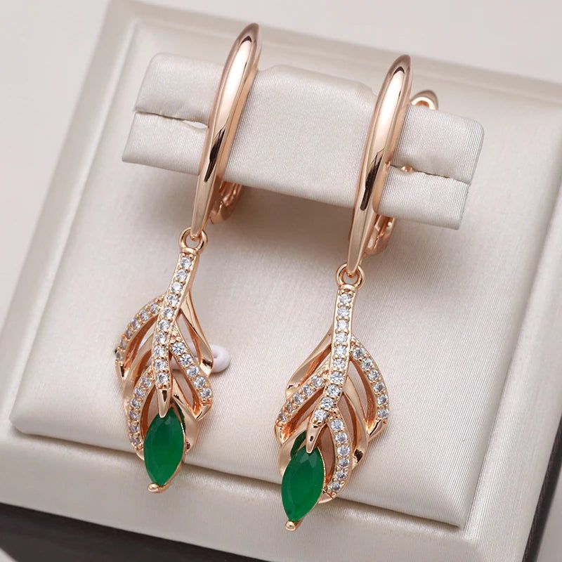 Modern Vintage Gold Dangle Earrings with Green Natural Zircon and Tassel Design