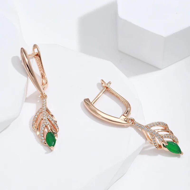 Modern Vintage Gold Dangle Earrings with Green Natural Zircon and Tassel Design